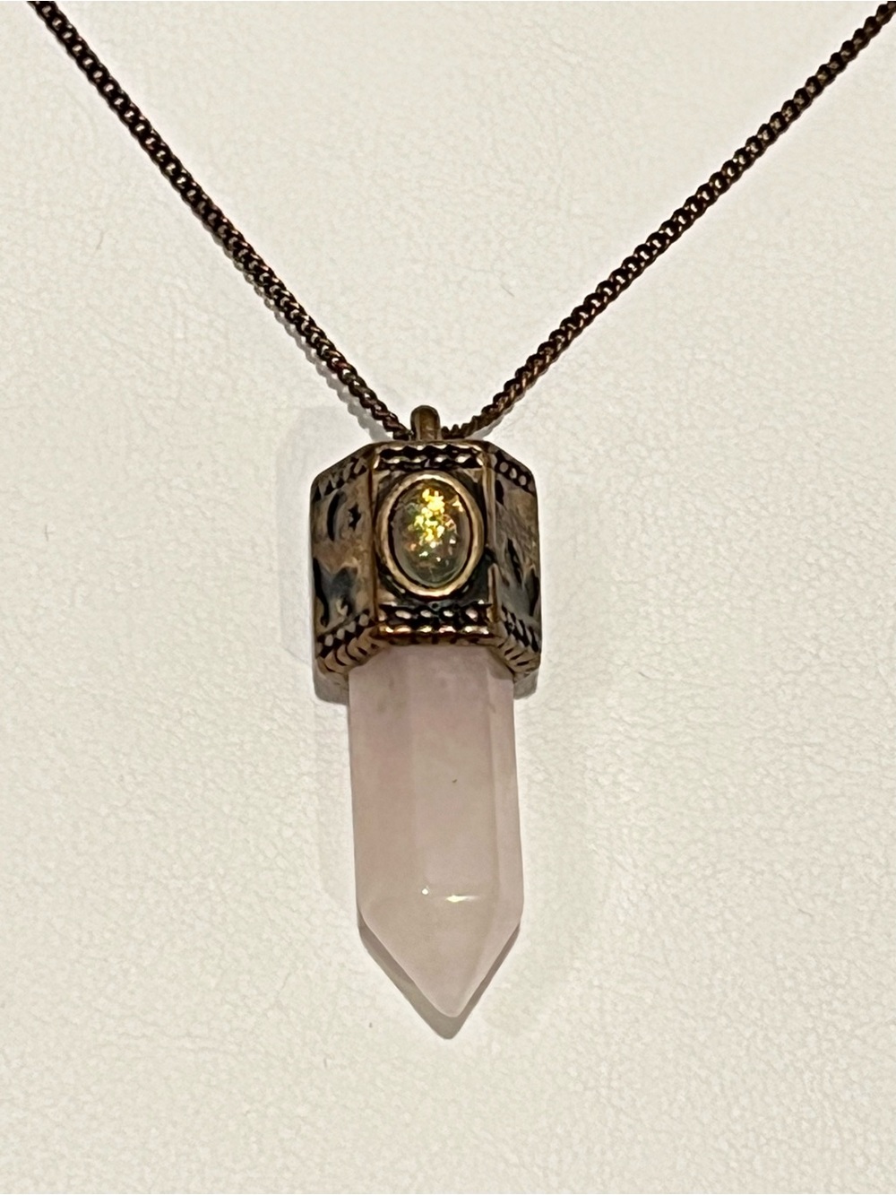 Rose Quartz Pillar Charm Necklace, Bronze Chain Moonstone Engraved Details Long
